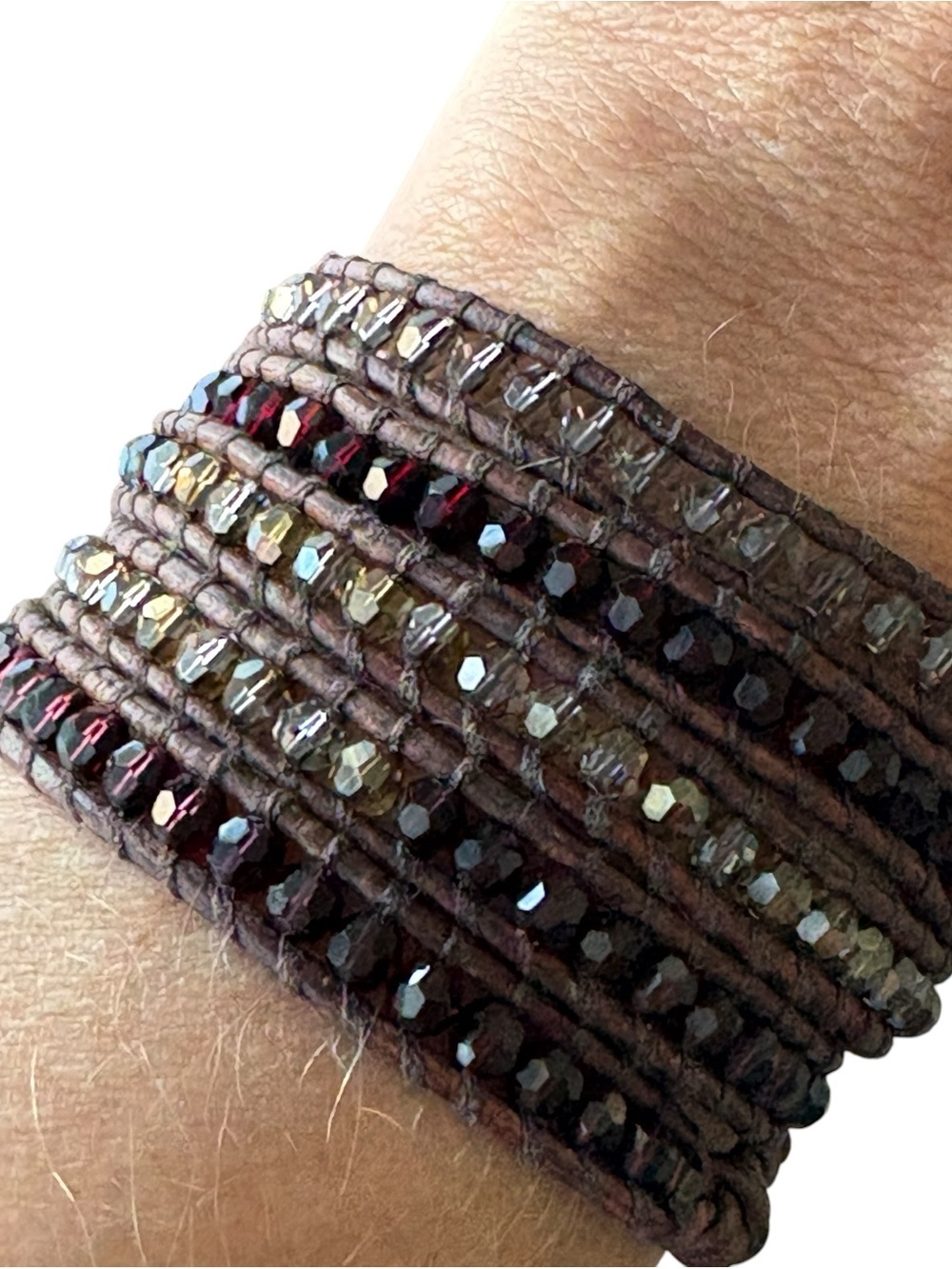 Chan Luu 925 Silver Beaded Red Grey Crystal Leather 5 Wrap Bracelet - Picture 4 of 7